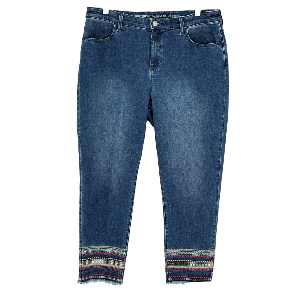 Chico's Perfect Stretch Girlfriend Slim Leg Ankle Blue Embroidered Jeans Size 2